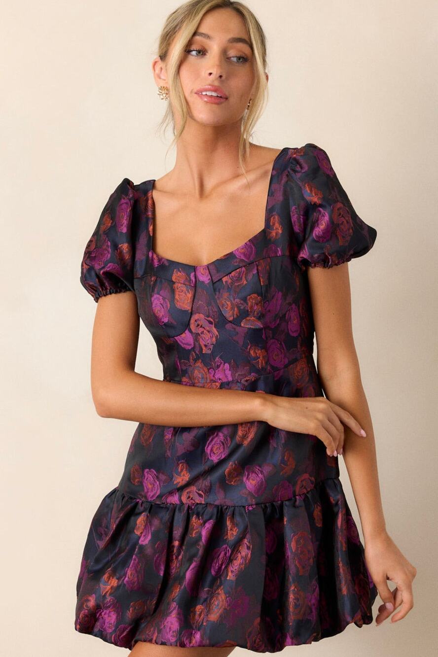 B. Right Navy Blue Pink Metallic Puff Sleeve Mini Party Dress Women's size Small